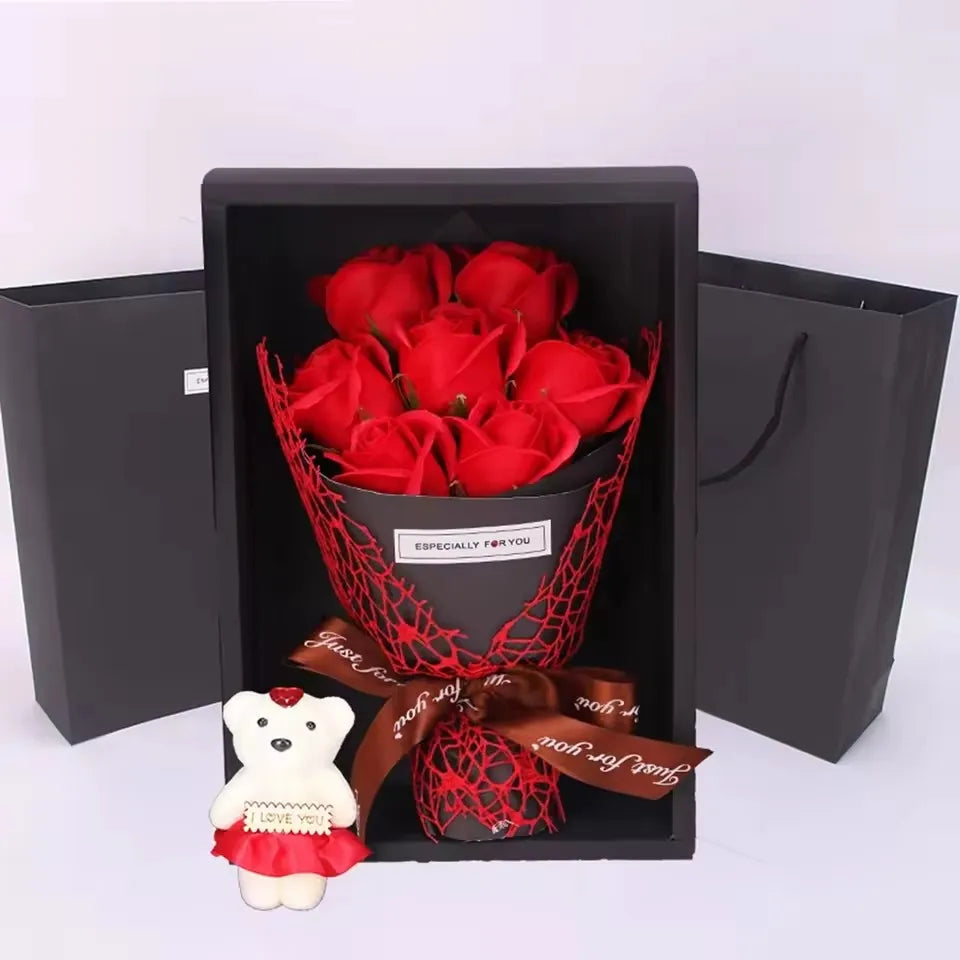 Handmade 7 Rose Soap Bouquet Little Bear Gift Box
