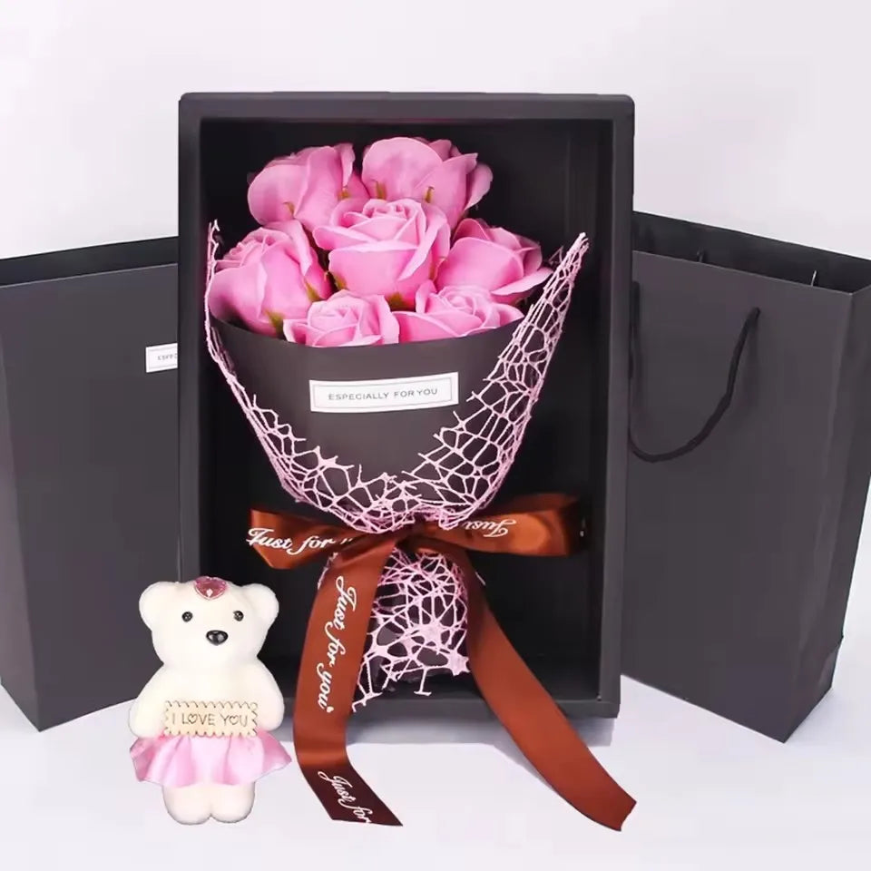 Handmade 7 Rose Soap Bouquet Little Bear Gift Box