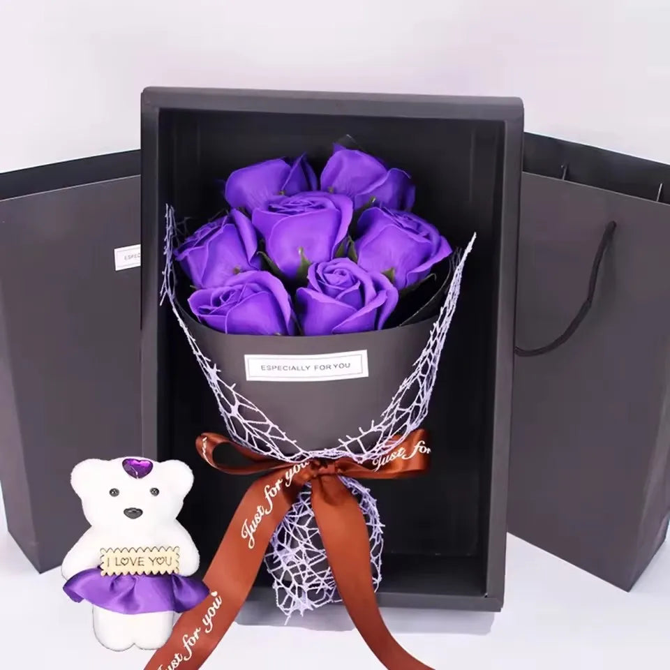 Handmade 7 Rose Soap Bouquet Little Bear Gift Box