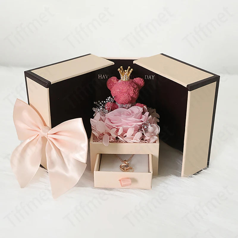 Heart Zircon Necklace Set And Cute Bear Rose Gift Box