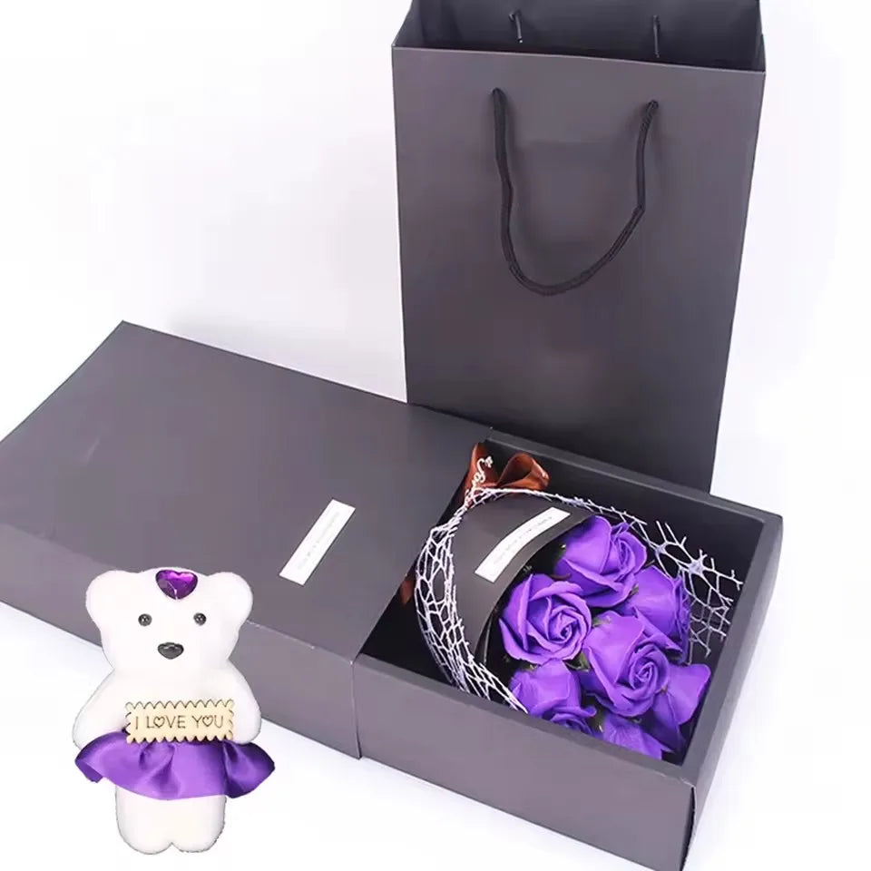 Handmade 7 Rose Soap Bouquet Little Bear Gift Box